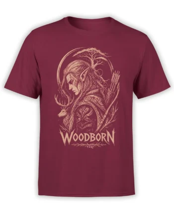 Woodborn fantasy t-shirt in burgundy with a female archer, antlered deer, tree, bow, and arrows