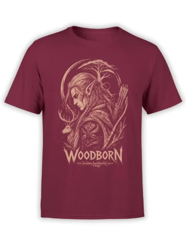 Woodborn fantasy t-shirt in burgundy with a female archer, antlered deer, tree, bow, and arrows