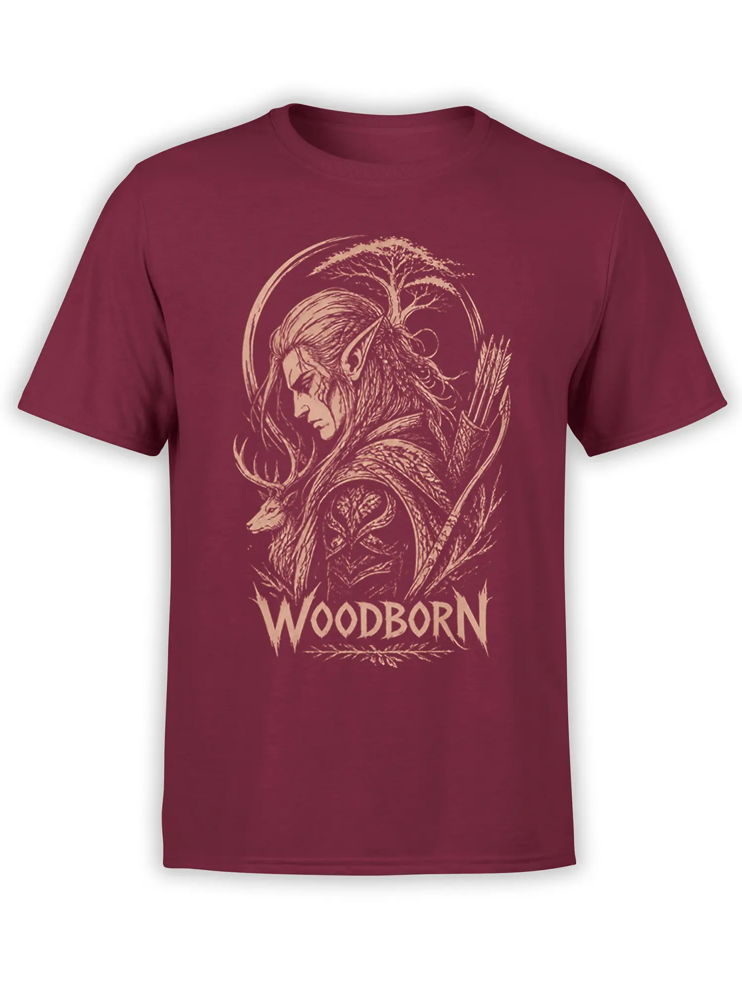Woodborn fantasy t-shirt in burgundy with a female archer, antlered deer, tree, bow, and arrows