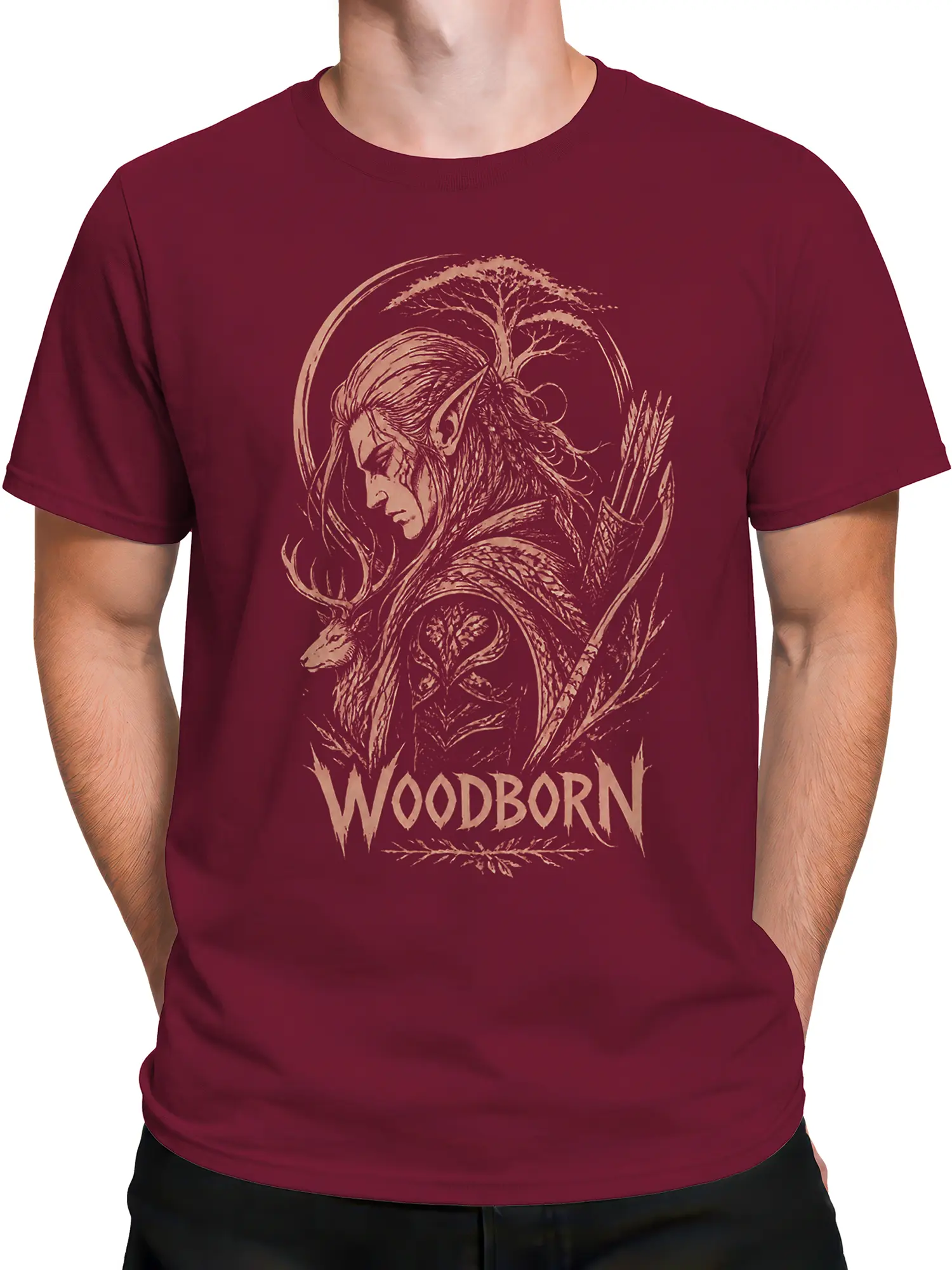 Male torso wearing a burgundy Woodborn T-shirt with cream woodland archer artwork