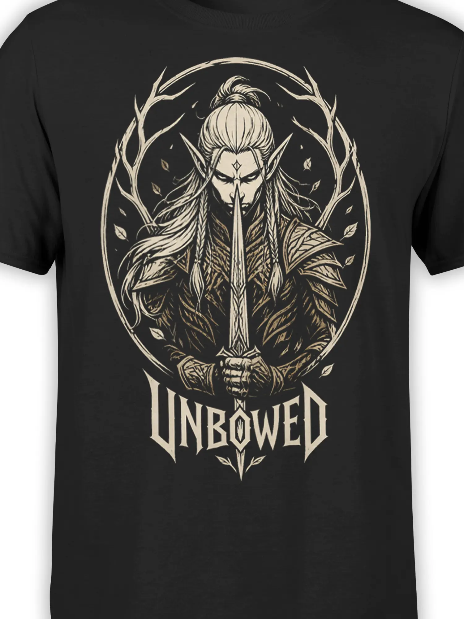 Close-up of the Unbowed warrior design with sword, armor, leaves, and antler-like branches on black fabric