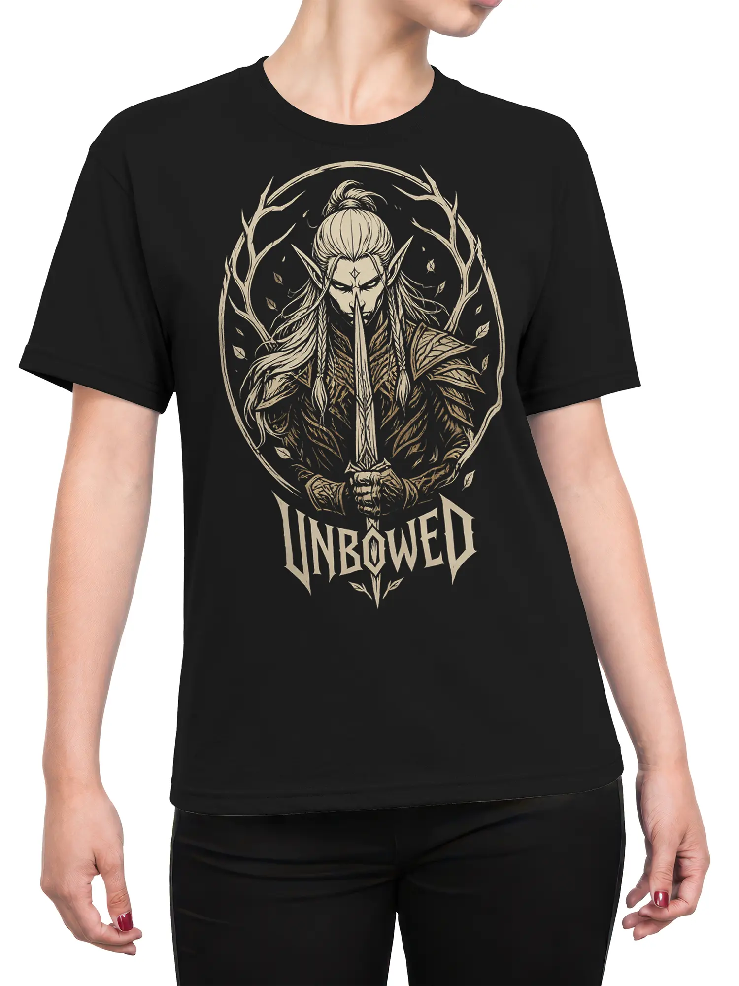 Female torso wearing a black Unbowed fantasy warrior T-shirt with cream sword and armor artwork