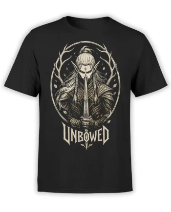 Unbowed fantasy warrior T-shirt in black with sword, armor, pointed ears, and antler-like branches