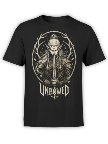 Unbowed fantasy warrior T-shirt in black with sword, armor, pointed ears, and antler-like branches