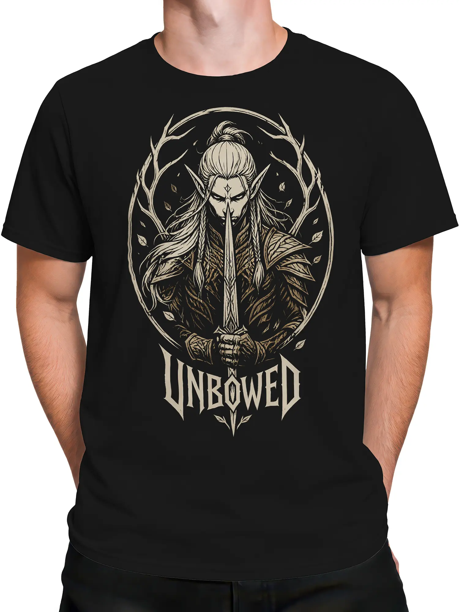 Male torso wearing a black Unbowed warrior T-shirt with vintage fantasy artwork and sword
