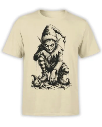 Sinister goblin-like jester in a bell hat on a beige fantasy graphic T-shirt