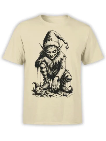 Sinister goblin-like jester in a bell hat on a beige fantasy graphic T-shirt