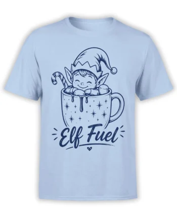 Light blue T-shirt featuring a cheerful elf in a starry mug with bold “Elf Fuel” lettering