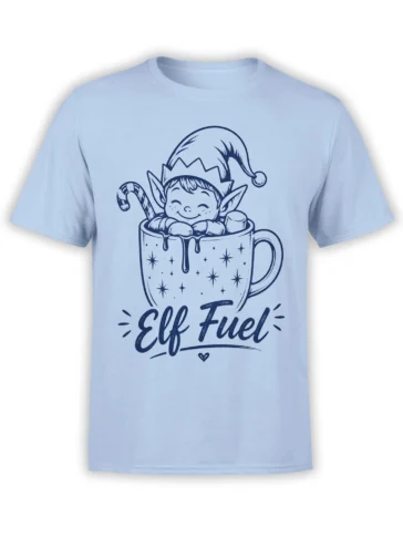 Light blue T-shirt featuring a cheerful elf in a starry mug with bold “Elf Fuel” lettering