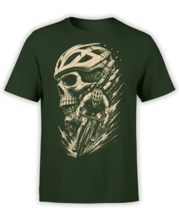 Dark green cycling T-shirt with a cream helmeted cyclist and giant skull vintage graphic