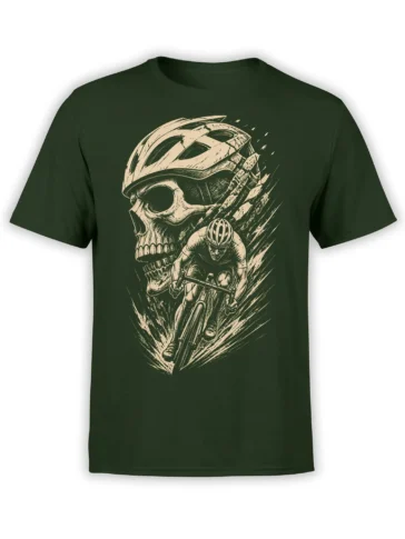 Dark green cycling T-shirt with a cream helmeted cyclist and giant skull vintage graphic