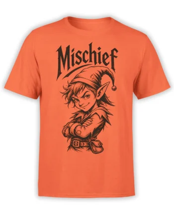 Orange fantasy T-shirt with a mischievous elf in a jester hat and bold black Mischief lettering