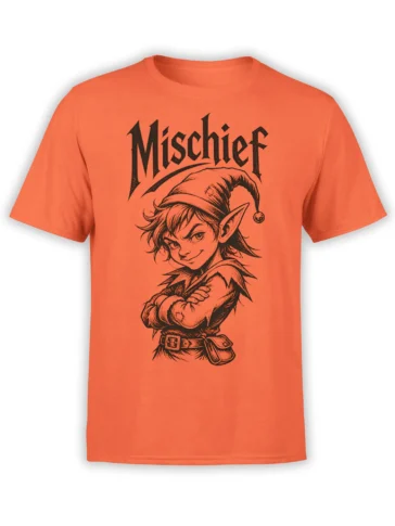 Orange fantasy T-shirt with a mischievous elf in a jester hat and bold black Mischief lettering