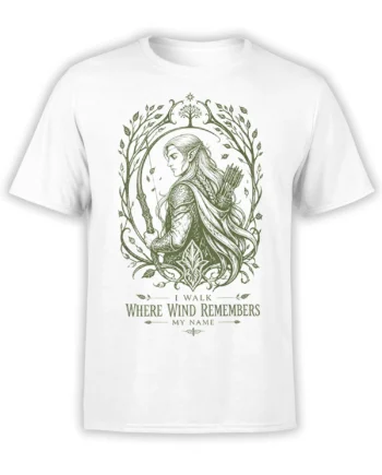 White fantasy T-shirt with a green woodland archer, bow, vines, leaves, and a poetic adventure message