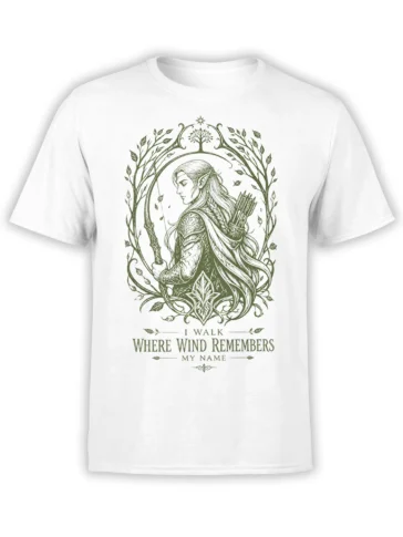 White fantasy T-shirt with a green woodland archer, bow, vines, leaves, and a poetic adventure message