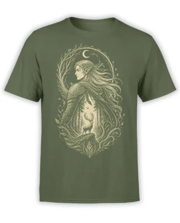 Olive green fantasy T-shirt with cream elf warrior, crescent moon, forest, and stag artwork