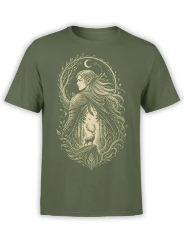 Olive green fantasy T-shirt with cream elf warrior, crescent moon, forest, and stag artwork