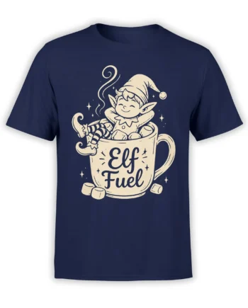 Elf relaxing in an “Elf Fuel” mug with stars and marshmallows on a navy fantasy T-shirt