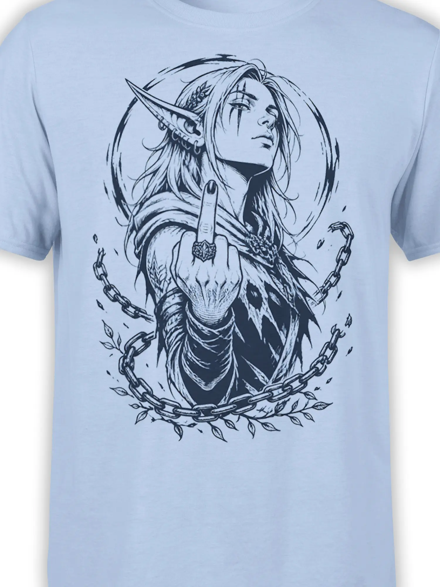 Close-up of rebellious elf woman design with pointed ear, raised finger, chains, and dark fantasy artwork