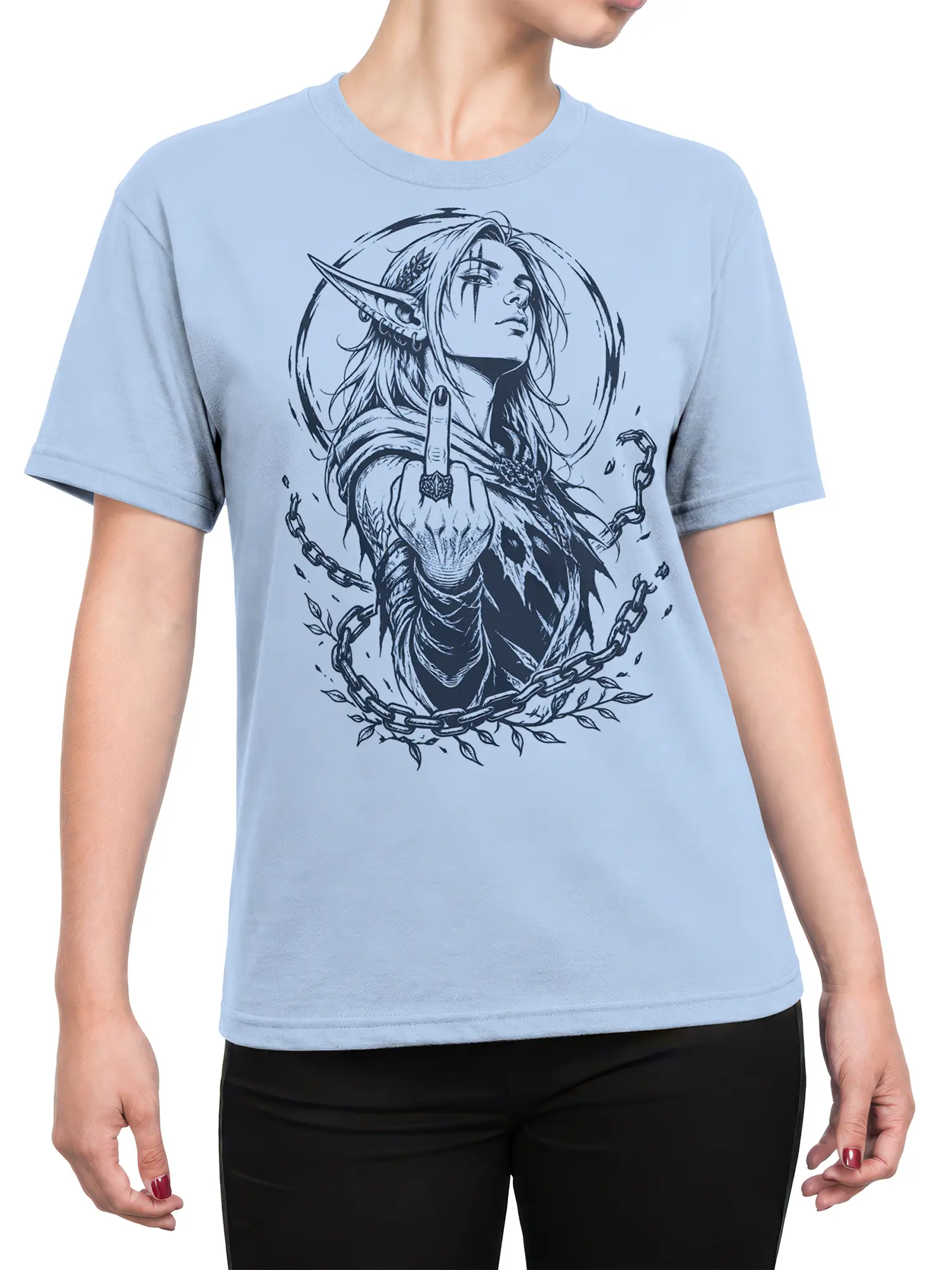 Female torso wearing a light blue T-shirt with a rebellious elf woman and broken chain fantasy design