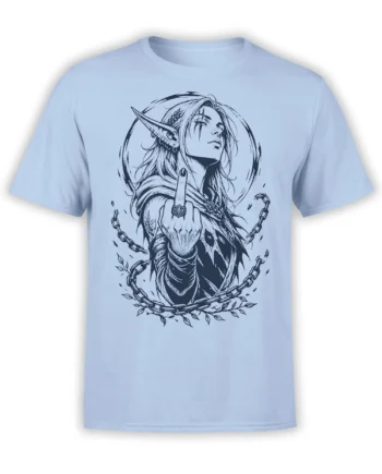 Light blue fantasy T-shirt with rebellious elf woman, raised middle finger, chains, and dark line art