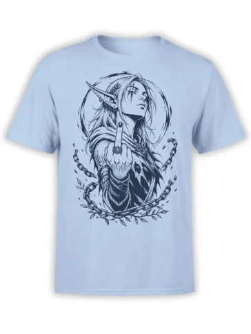 Light blue fantasy T-shirt with rebellious elf woman, raised middle finger, chains, and dark line art