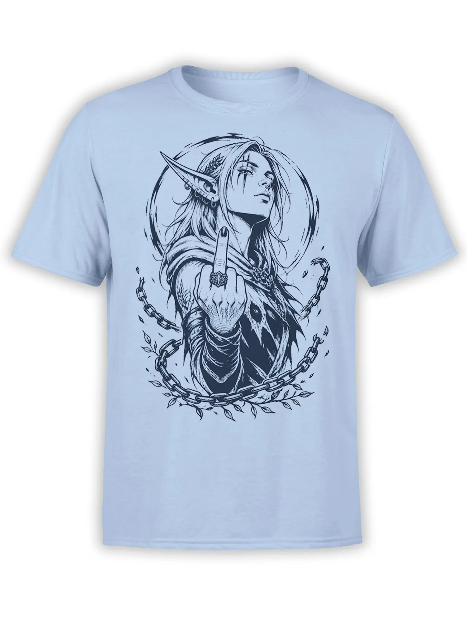Light blue fantasy T-shirt with rebellious elf woman, raised middle finger, chains, and dark line art