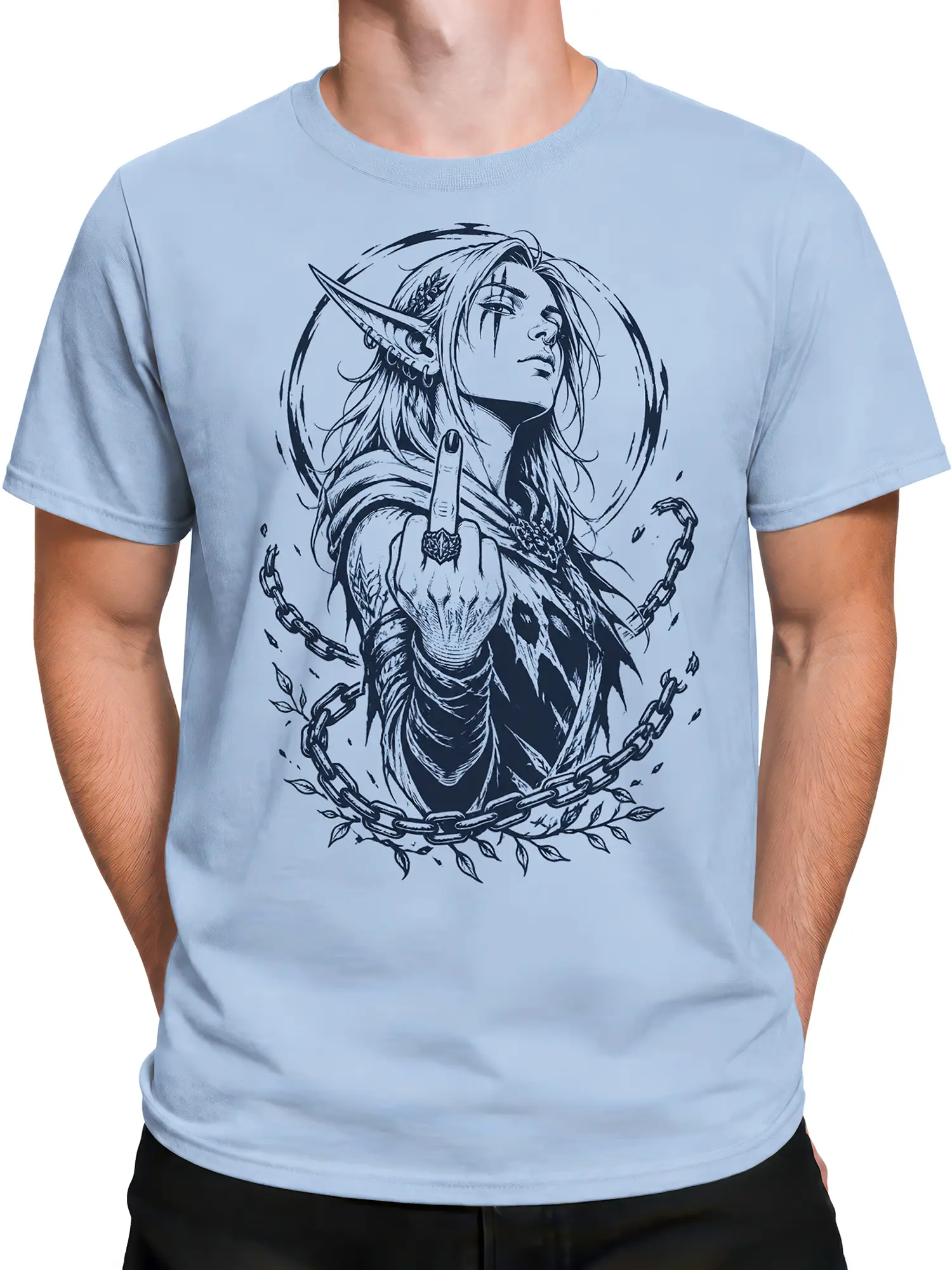 Male torso wearing a light blue fantasy T-shirt with rebellious elf and chain artwork