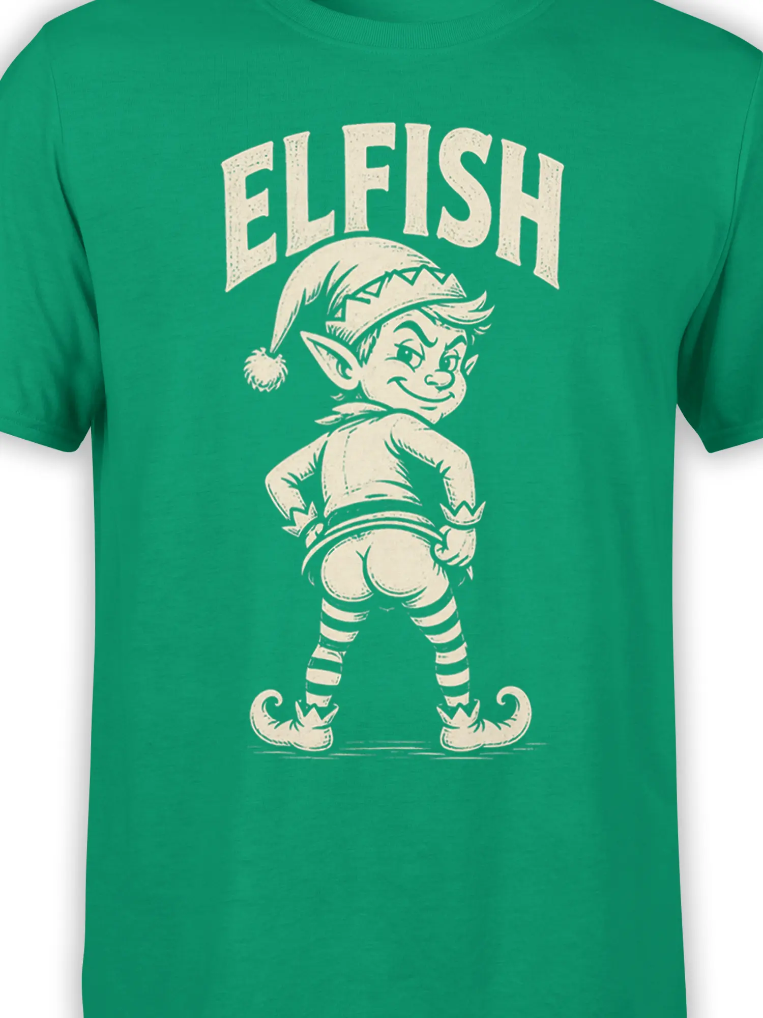 Close-up of the elfish character and distressed cream lettering on a green fantasy T-shirt