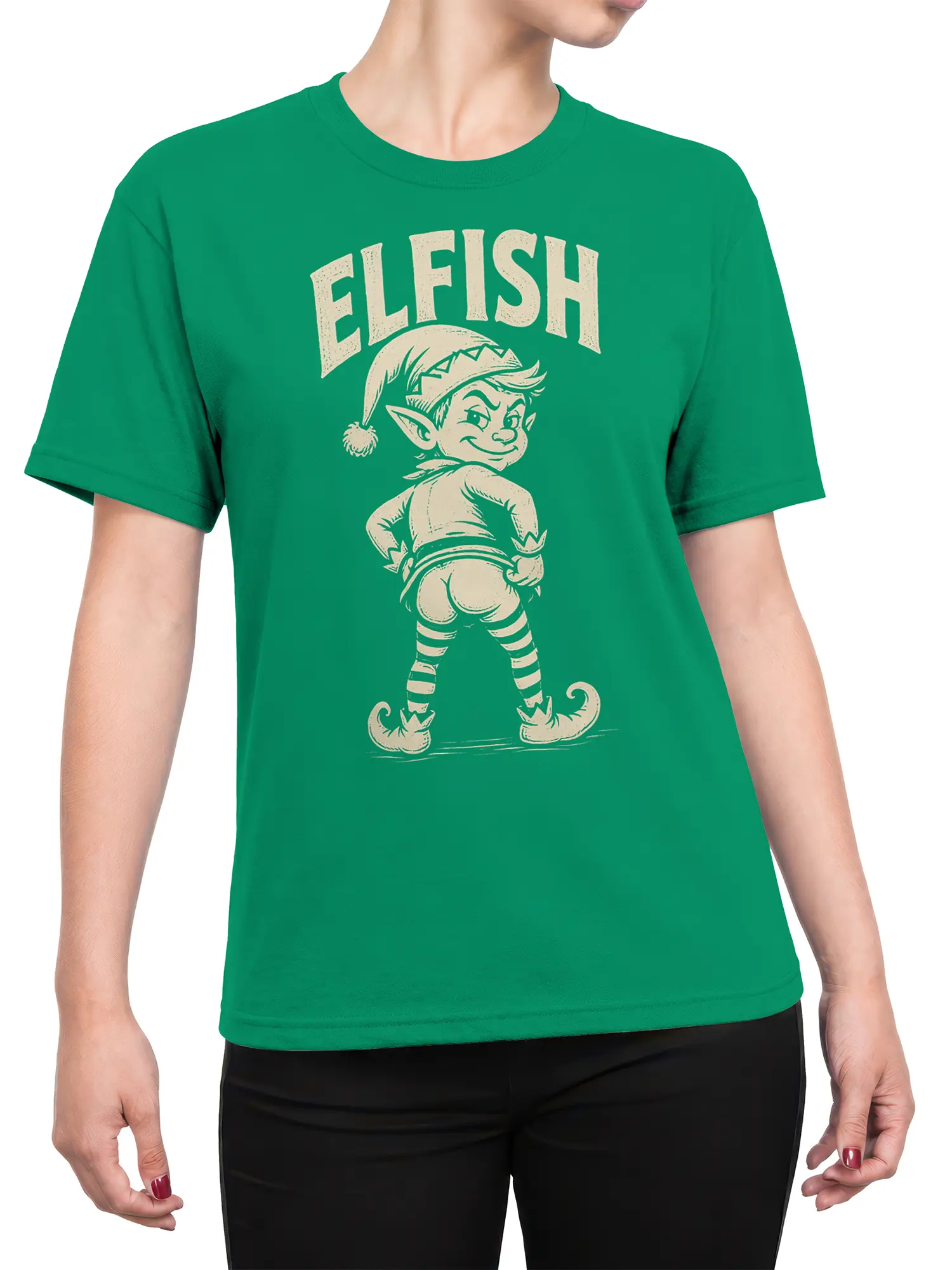 Female torso wearing a green elfish T-shirt with a smirking pointed-hat character and cream lettering