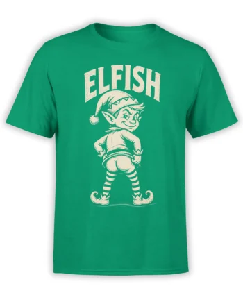 Green T-shirt with a smirking elf, pointed hat, striped stockings, and cream ELFISH lettering
