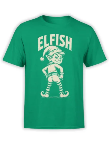 Green T-shirt with a smirking elf, pointed hat, striped stockings, and cream ELFISH lettering