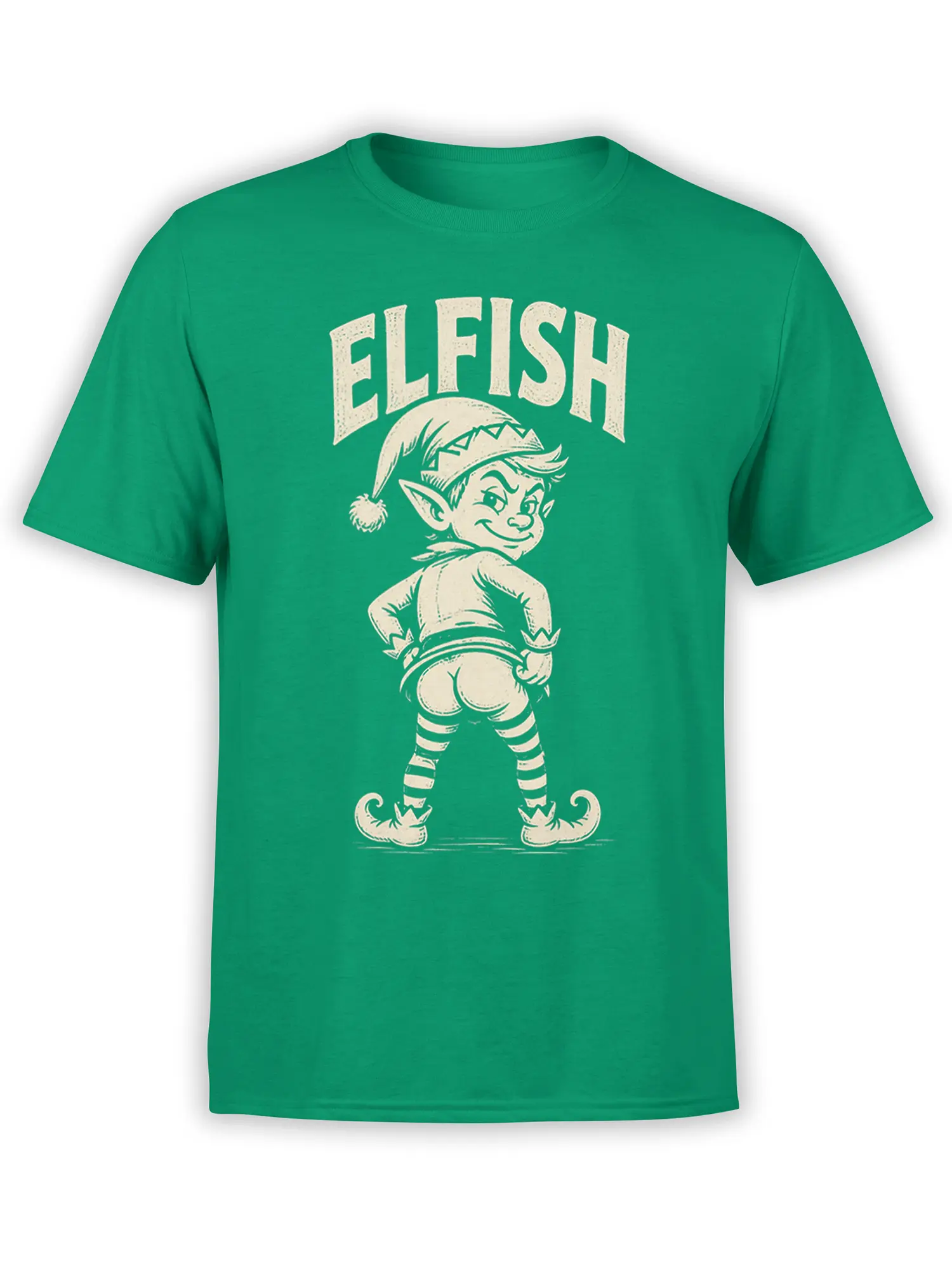 Green T-shirt with a smirking elf, pointed hat, striped stockings, and cream ELFISH lettering