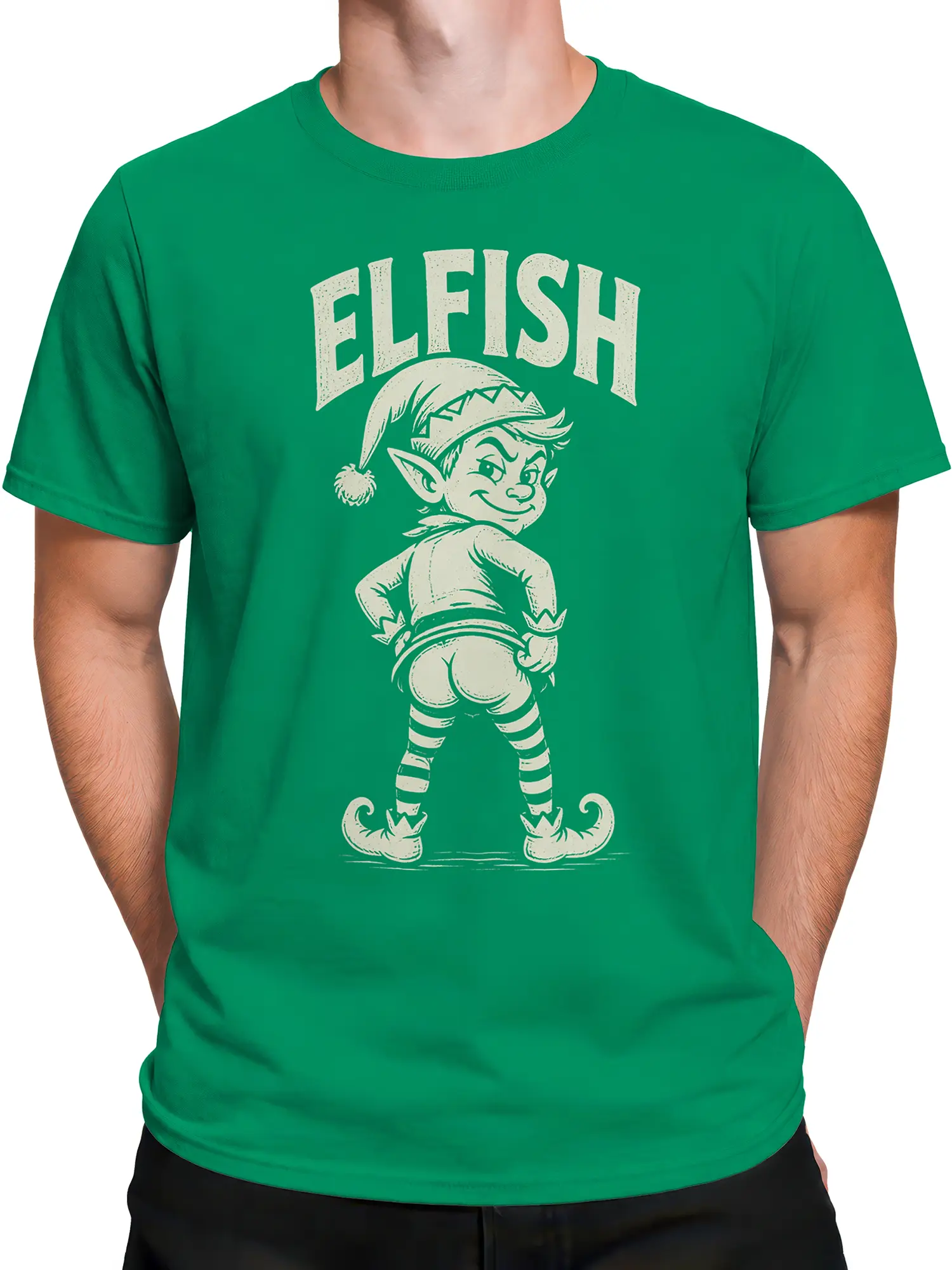 Male torso wearing a green elfish T-shirt with a vintage elf illustration and cream ELFISH lettering