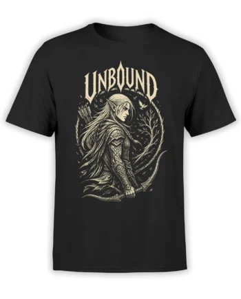 Black T-shirt with a cream-colored elven archer, bow, armor, blades, and forest artwork