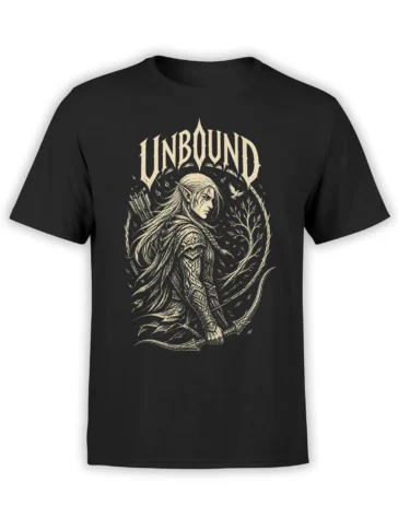 Black T-shirt with a cream-colored elven archer, bow, armor, blades, and forest artwork