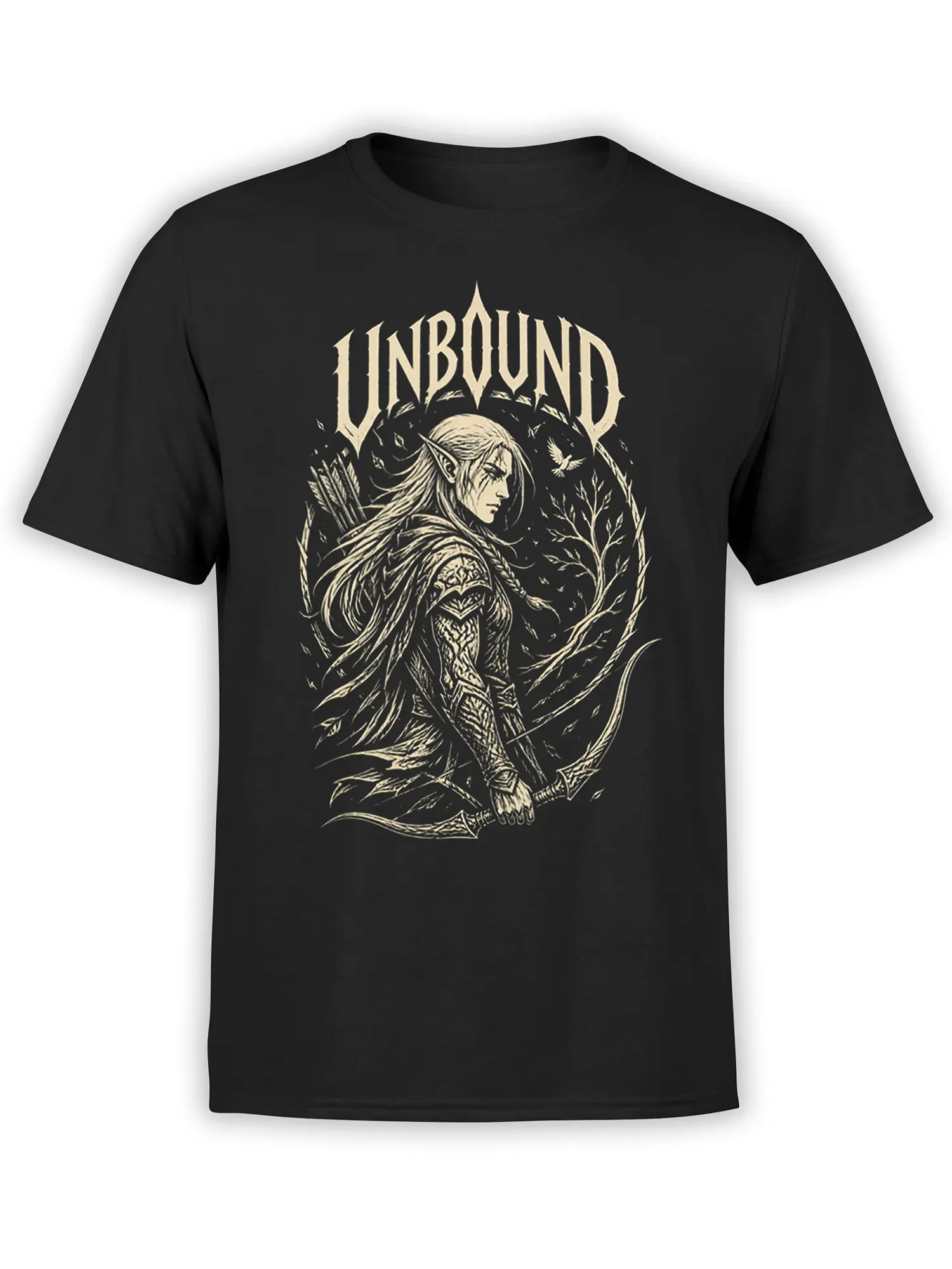 Black T-shirt with a cream-colored elven archer, bow, armor, blades, and forest artwork