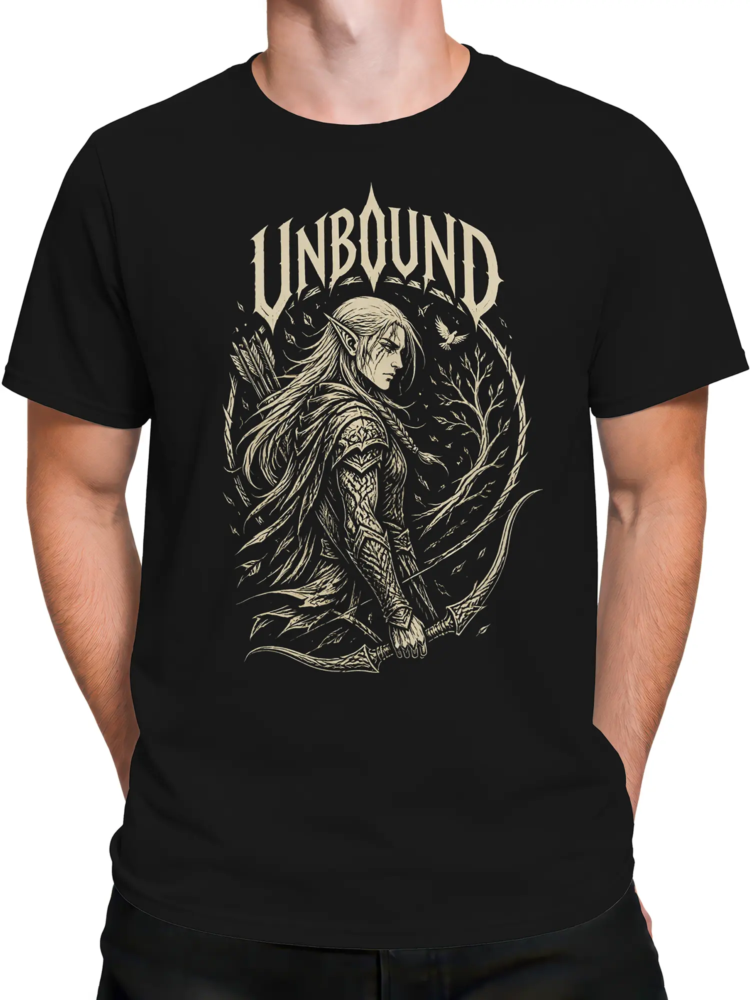 Male torso wearing a black T-shirt with a cream-colored elven archer fantasy design