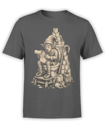 Gray fantasy elf T-shirt showing a worried elf reading a scroll on a toilet throne among paper rolls and gifts