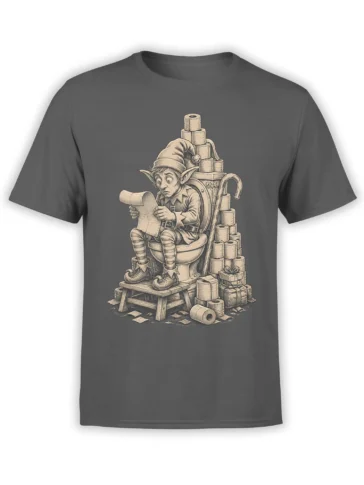 Gray fantasy elf T-shirt showing a worried elf reading a scroll on a toilet throne among paper rolls and gifts