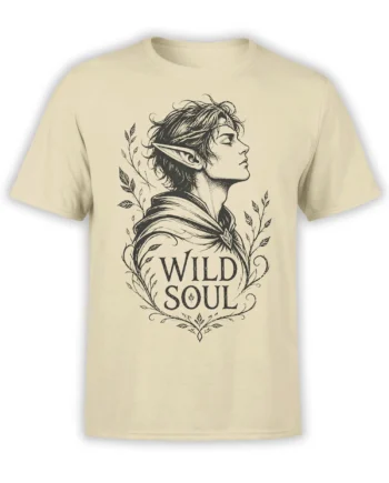 Wild Soul fantasy T-shirt in cream with a pointed-ear portrait, leafy branches, and vintage black lettering