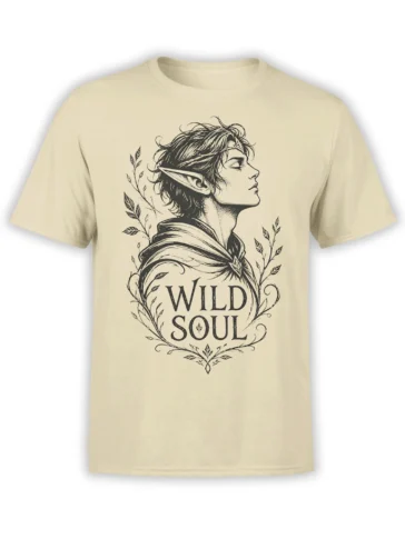 Wild Soul fantasy T-shirt in cream with a pointed-ear portrait, leafy branches, and vintage black lettering
