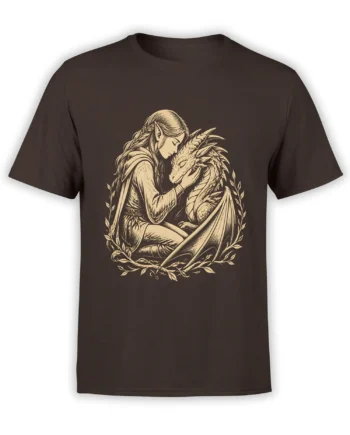 Dark brown fantasy T-shirt with a cream elf woman touching a winged dragon inside a leafy frame
