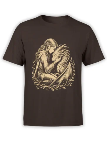 Dark brown fantasy T-shirt with a cream elf woman touching a winged dragon inside a leafy frame