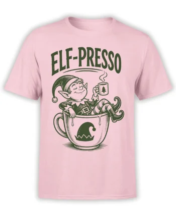 Pink coffee T-shirt with a vintage green elf relaxing in a giant mug under bold ELF-PRESSO lettering