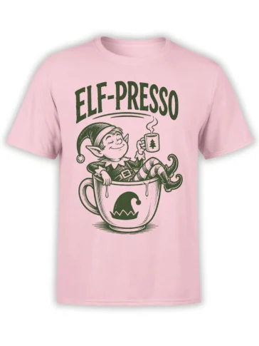 Pink coffee T-shirt with a vintage green elf relaxing in a giant mug under bold ELF-PRESSO lettering