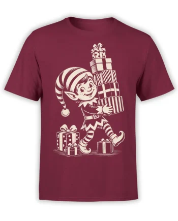 Cheerful striped elf carrying wrapped gifts on a burgundy fantasy T-shirt