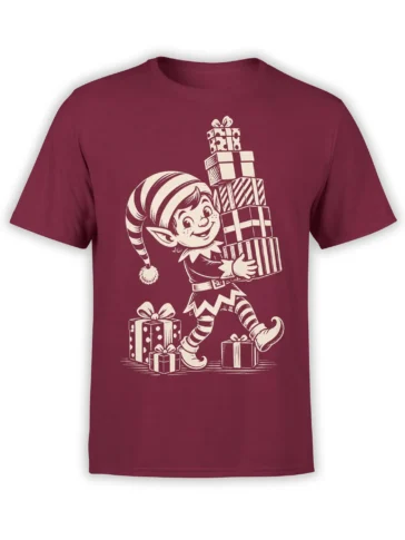Cheerful striped elf carrying wrapped gifts on a burgundy fantasy T-shirt
