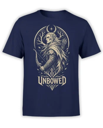 Unbowed elf archer warrior design with crescent moon and cream lettering on a navy T-shirt