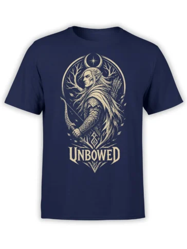 Unbowed elf archer warrior design with crescent moon and cream lettering on a navy T-shirt